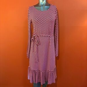 Boden Tie Waist Pink White Navy Geometric Long Sleeve Dress Size 6